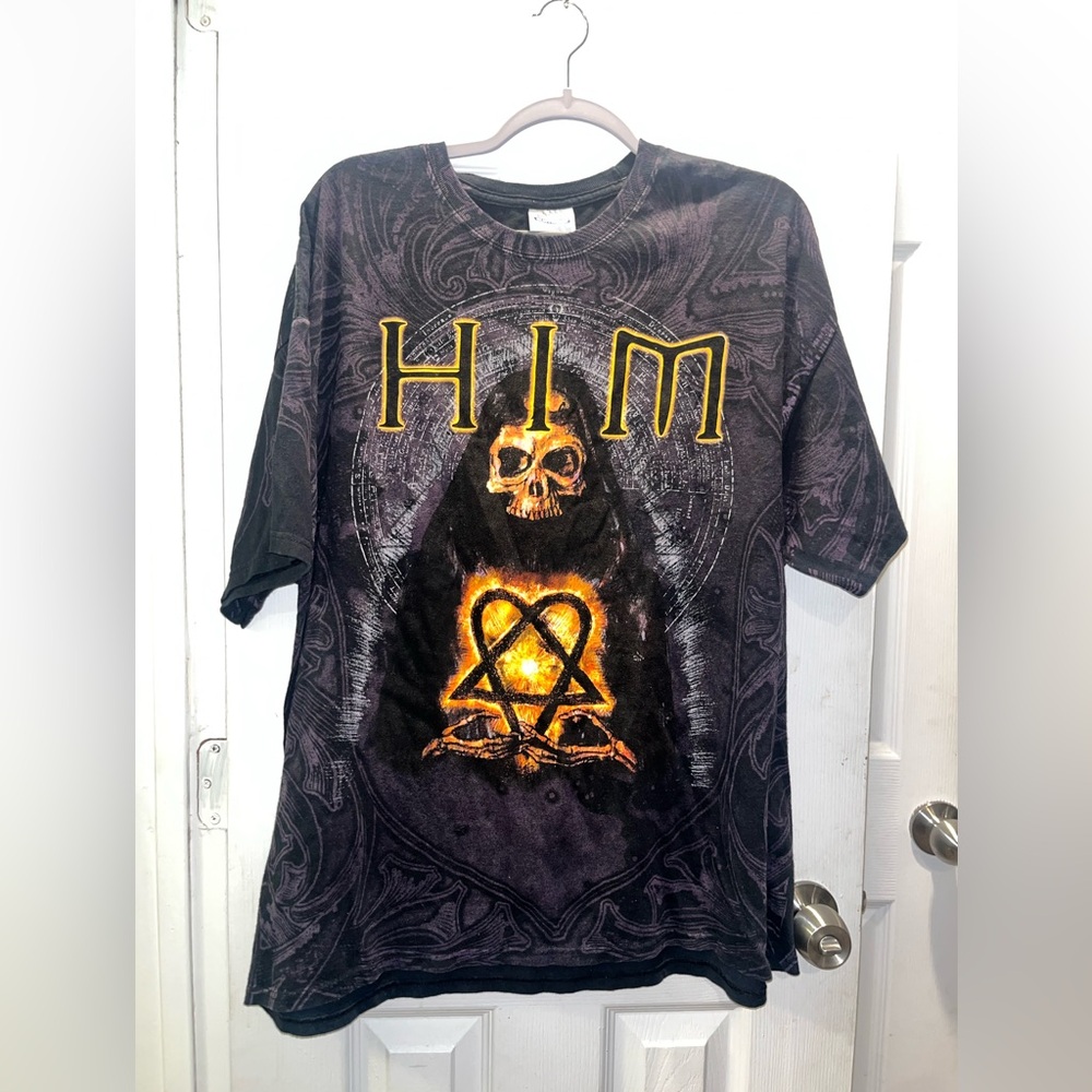 HIM Heartagram Band Tee 2XL All Over Print Goth Metal Rock Shirt Rare